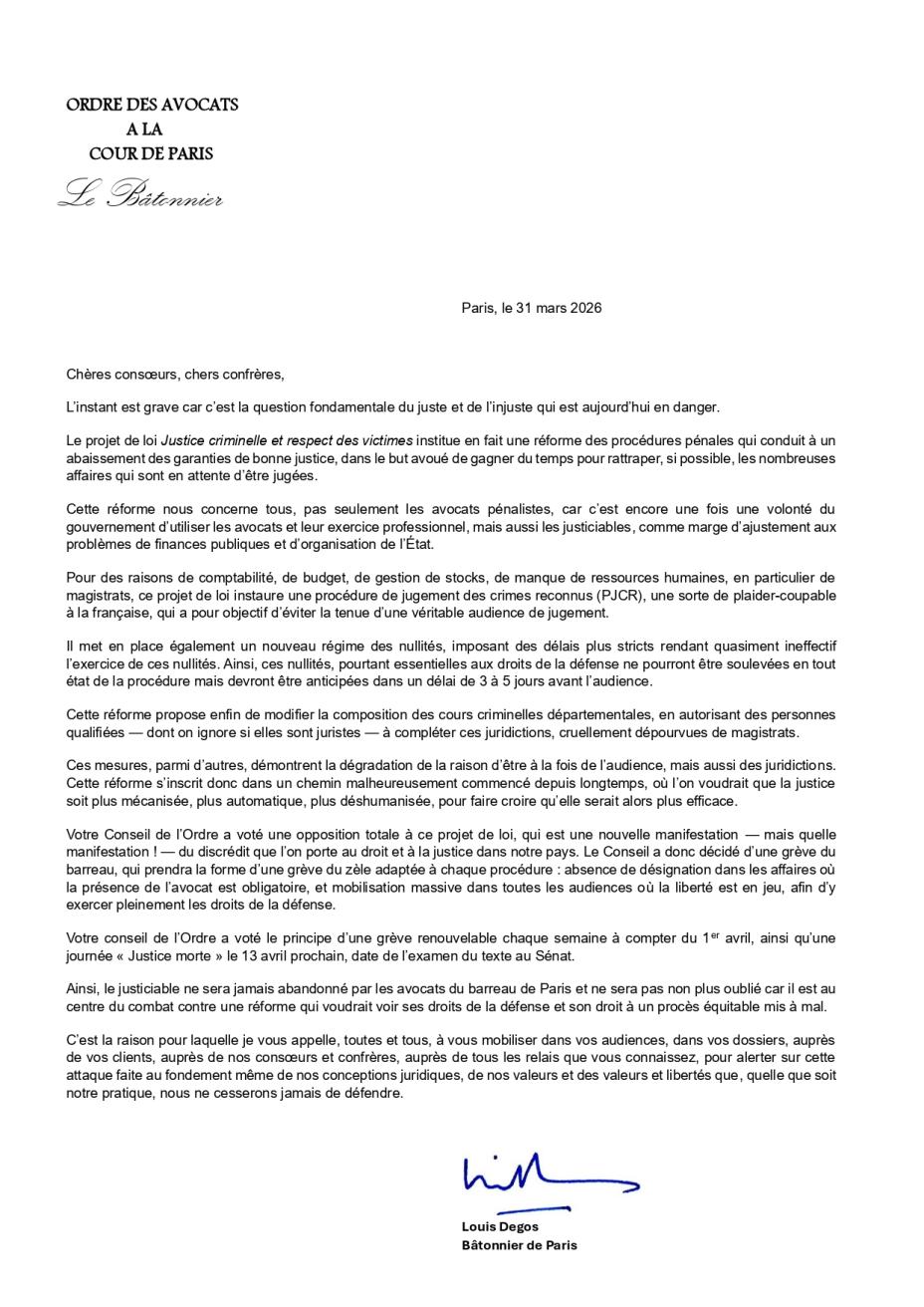 Appel à mobilisation du bâtonnier letttre photo